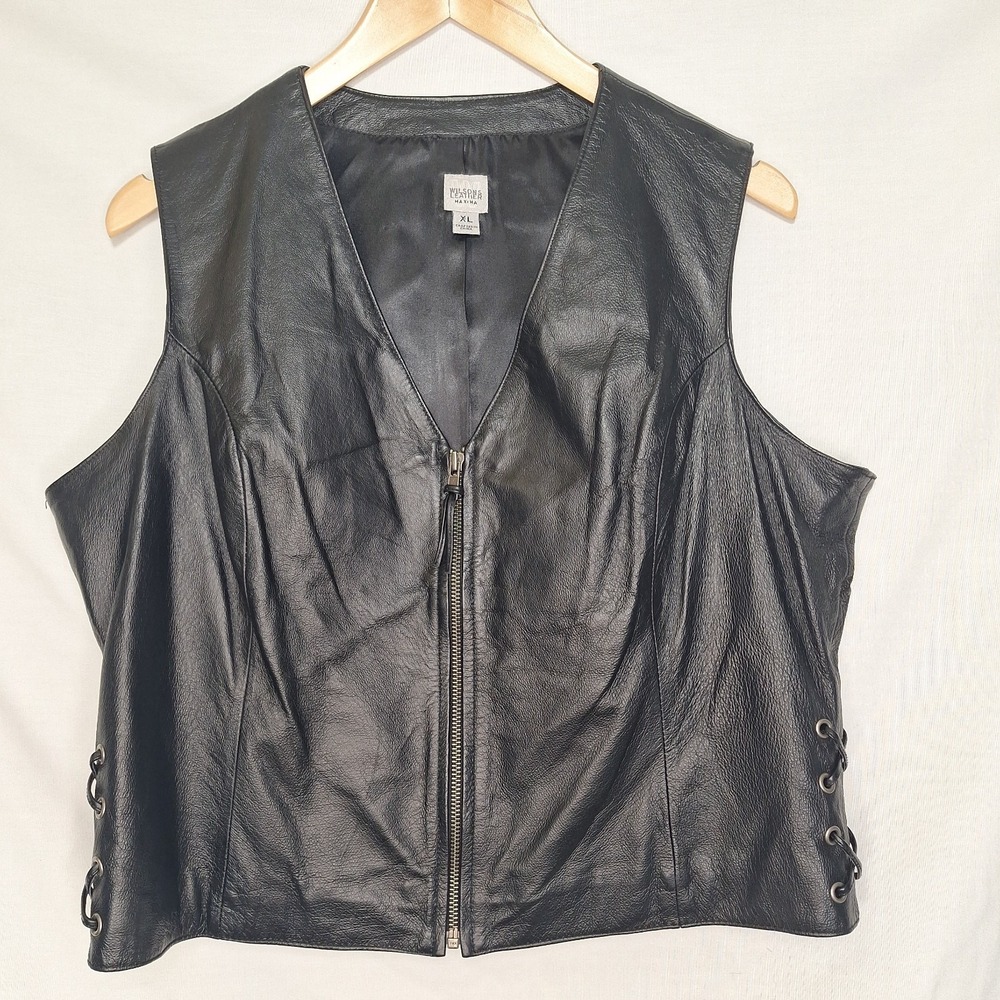 Wilsons Leather Womens XL Maxima Moto Biker Vest Front Zip Medium Y2K 90s Style